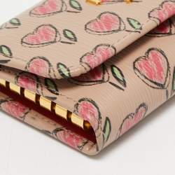 Pre Owned Prada Beige/Multicolor Heart Print Leather 6 Key Holder Case