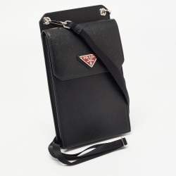 Pre Owned Prada Black Saffiano Metal Leather Logo Crossbody Phone Bag