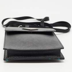 Pre Owned Prada Black Saffiano Metal Leather Logo Crossbody Phone Bag