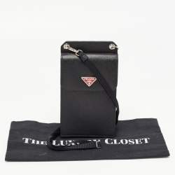 Pre Owned Prada Black Saffiano Metal Leather Logo Crossbody Phone Bag