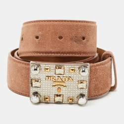 Prada Light Pink Suede Logo Plague Crystals Buckle Belt 85CM
