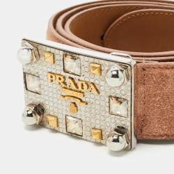 Prada Light Pink Suede Logo Plague Crystals Buckle Belt 85CM