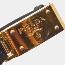 Pre Owned Prada  Black Ostrich Leather Gold Tone Bracelet
