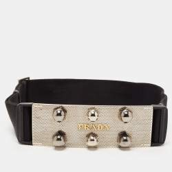Prada Black Elastic Wide Logo Buckle Waist Belt 95 cm