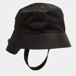 Prada Black Re-Nylon Triangle Logo Detail String Bucket Hat XL