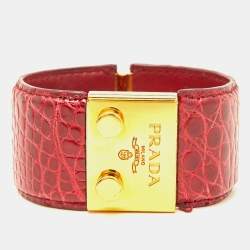 Prada Red Alligator Leather Gold Tone Wide Cuff Bracelet