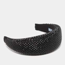 Pre Owned Prada Black Crystal Embellished Satin Wide Headband