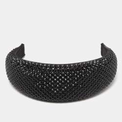 Pre Owned Prada Black Crystal Embellished Satin Wide Headband