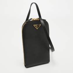 Prada Black Saffiano Lux Leather Phone Crossbody Bag