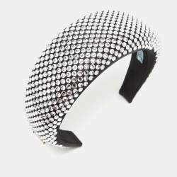 Prada Black Crystals Embellished Satin Oversized Head Band One Size