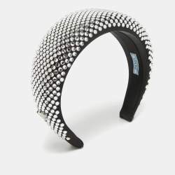 Prada Black Crystals Embellished Satin Oversized Head Band One Size