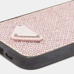 Pre Owned Prada Pink/Black Suede Crystals Embellished iPhone 14 Pro Max Cover