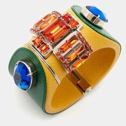 Prada Saffiano Crystal Leather Silver Tone Bracelet