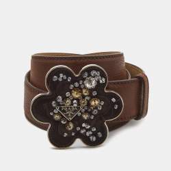 Pre Owned Prada Brown Leather Floral Embellished Metal Belt 85CM