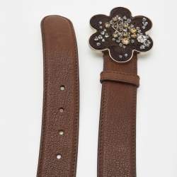 Pre Owned Prada Brown Leather Floral Embellished Metal Belt 85CM