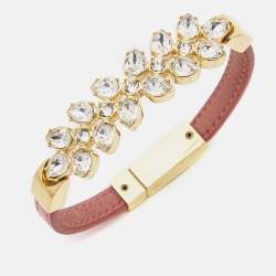 Pre Owned Prada Chic Crystals  Leather Gold Tone Bracelet S