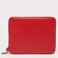 Pre Owned Prada Red Saffiano Lux Leather Zip Around iPad Case