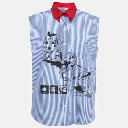 Pre Owned Prada Blue Comic Print Poplin Striped Sleeveless Shirt M