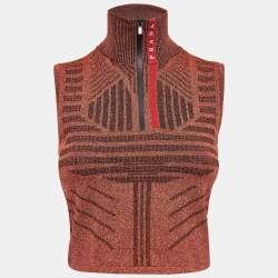 Prada Orange Melange Jersey Zip-Up Sleeveless Top S