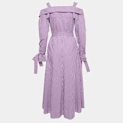 Pre Owned Prada Purple Gingham Cotton Bow Detail Belted Midi Dress M