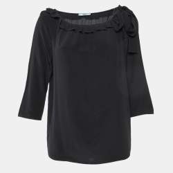 Prada Black Silk Ruffle Trim Blouse M