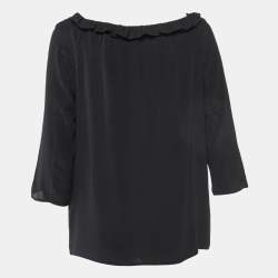 Prada Black Silk Ruffle Trim Blouse M