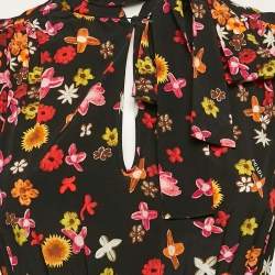 مملوكة مسبقًا Prada Black Floral Print Silk Detachable Neck Tie-Up Midi Dress S