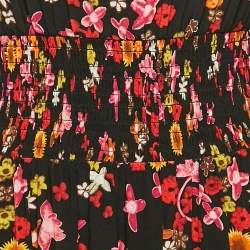 مملوكة مسبقًا Prada Black Floral Print Silk Detachable Neck Tie-Up Midi Dress S