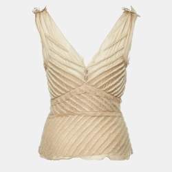 Pre Owned Prada Beige Embroidered Chiffon Silk Sleeveless Top S