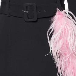 Prada Pink Crepe Detachable Feather Trim Belted Knee-Length Dress M