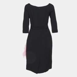 Prada Pink Crepe Detachable Feather Trim Belted Knee-Length Dress M