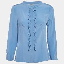 Prada Blue Silk Ruffled Button Front Blouse M