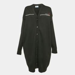 Prada Black Logo Intarsia Wool Knit Long Cardigan S