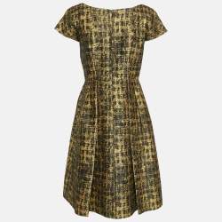 مملوكة مسبقًا Prada Yellow/Black Abstract Jacquard Pleated Short Dress M