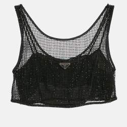 Pre Owned Prada Black Rhinestone Mesh Crop Top S