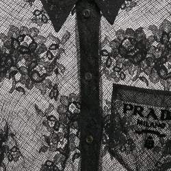 Pre Owned Prada Black Logo Embroidered Chantilly Lace Sheer Crop Shirt S