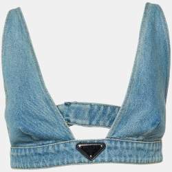 Prada Blue Denim Triangle Patterned Bralette Top S 