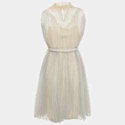 مملوكة مسبقًا Prada Light Grey Plisse Organza Jabot Detail Dress M