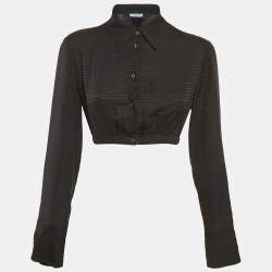 Pre Owned Prada Black Logo Crepe De Chine Silk Crop Shirt S