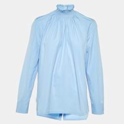 Prada Blue Cotton Smocked Neck Blouse M