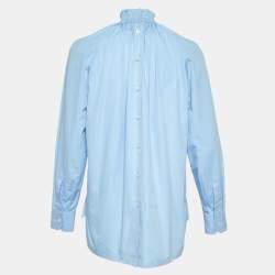 Pre Owned Prada Blue Cotton Smocked Neck Blouse M