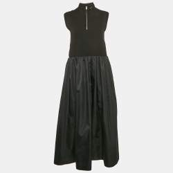 Prada Black Knit and Nylon Sleeveless High Neck Midi Dress L