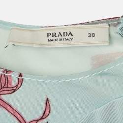 Pre Owned فستان برادا حرير ستان أزرق بطبعة زهور بدون أكمام ميدي مقاس صغير (سمول)