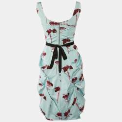 Pre Owned فستان برادا حرير ستان أزرق بطبعة زهور بدون أكمام ميدي مقاس صغير (سمول)