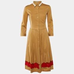 Prada  Khaki Brown Stretch Cotton Embellished Detail Shirt Dress M