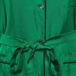 Prada Green Satin Silk Button Front Belted Long Dress S