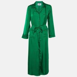 Prada Green Satin Silk Button Front Belted Long Dress S