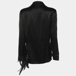 Prada Black Satin Feather-trimmed Long Sleeve Shirt M