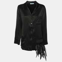Prada Black Satin Feather-trimmed Long Sleeve Shirt M