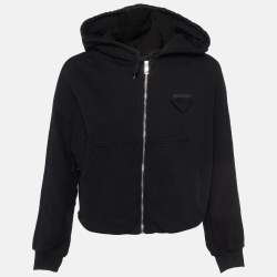 Prada Black Cotton Knit Zip-Up Crop Hooded Sweatshirt S